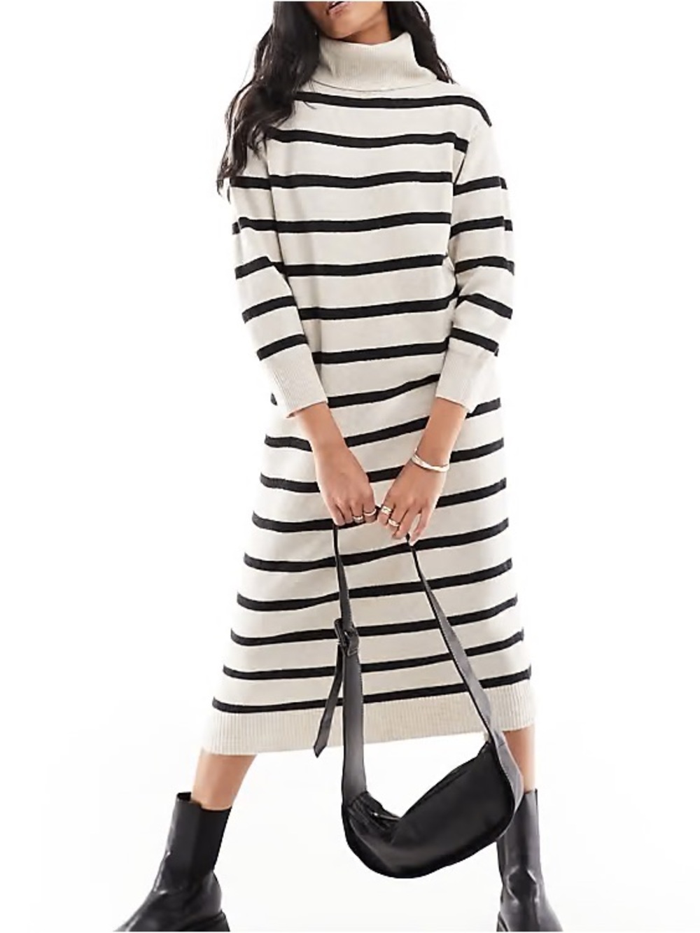 Mango Cream and Black Striped Turtleneck Sweater Dress